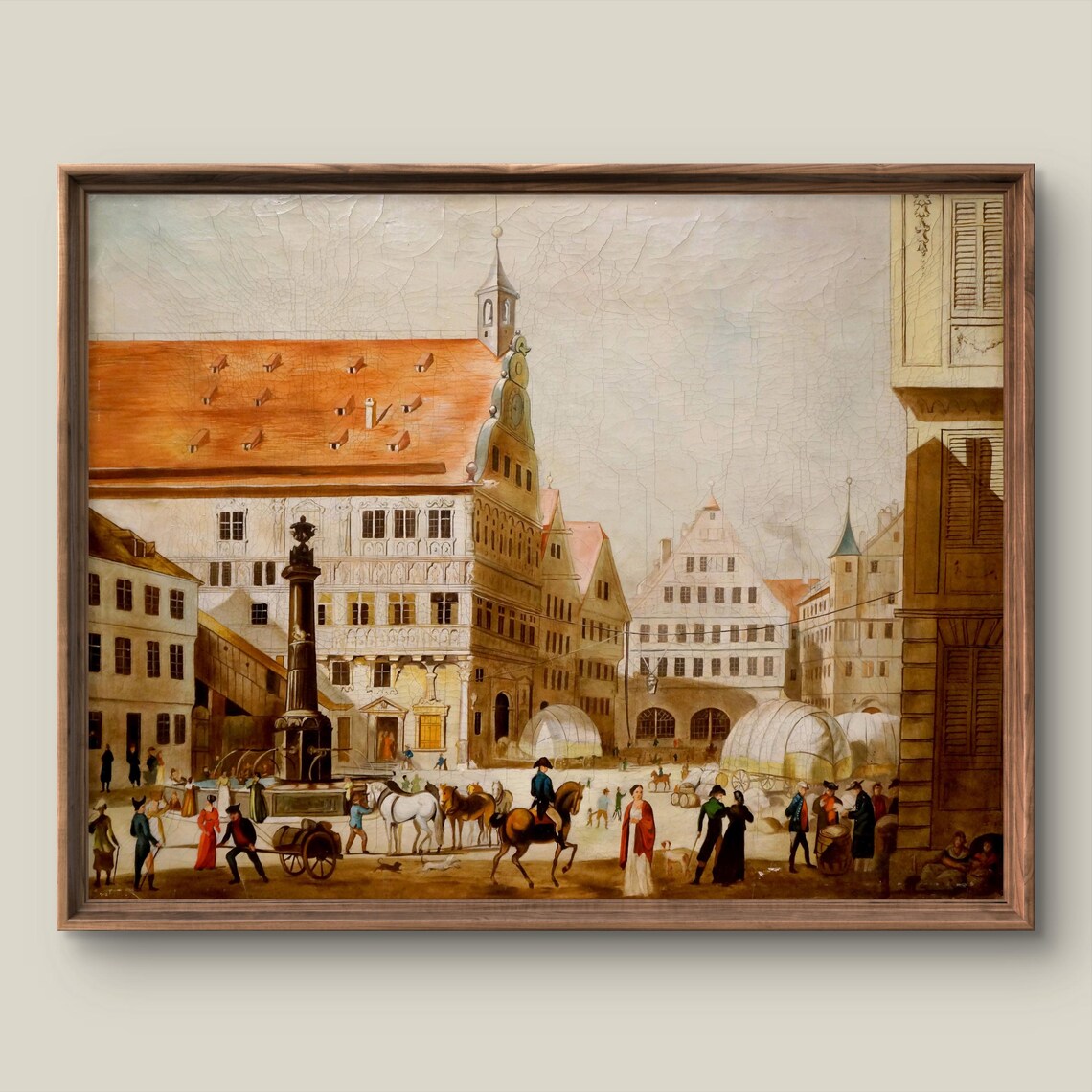 Old European Town Square Horses Carriages Vintage Painting Poster