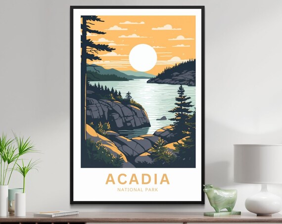 Acadia National Park Maine Sunset Rocky Coast Pine Forest Poster