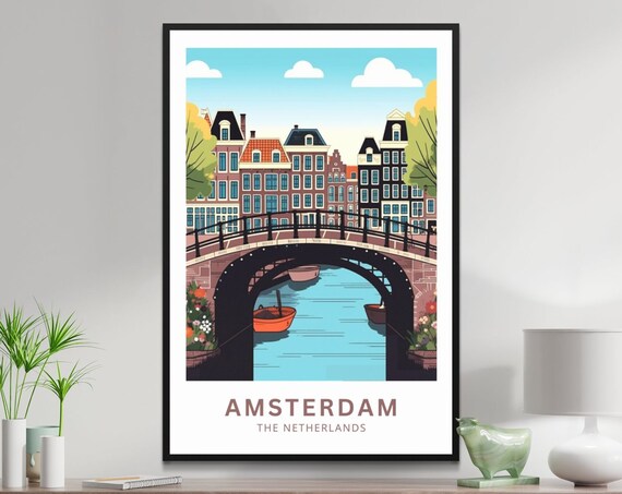 Amsterdam Netherlands Canal Bridge Row Houses and Boat Poster