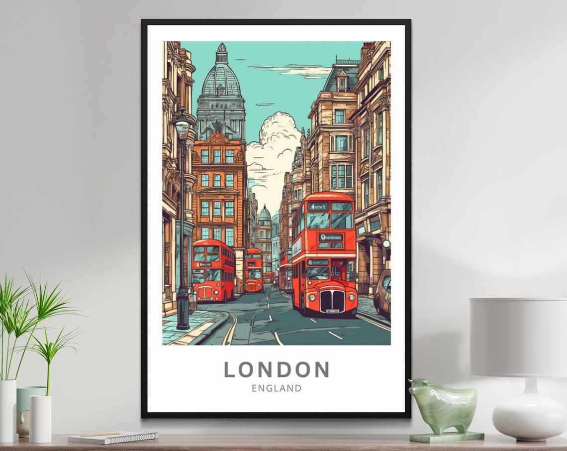 London England Red Double Decker Buses Busy Street Travel Poster