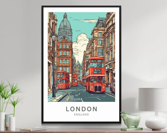 London England Red Double Decker Buses Busy Street Travel Poster