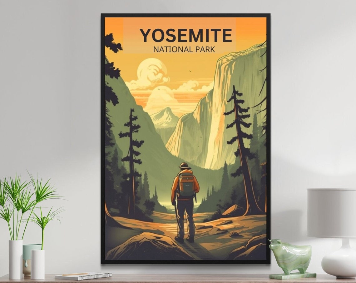 Yosemite National Park Hiker Valley Cliffs Sunset Travel Poster