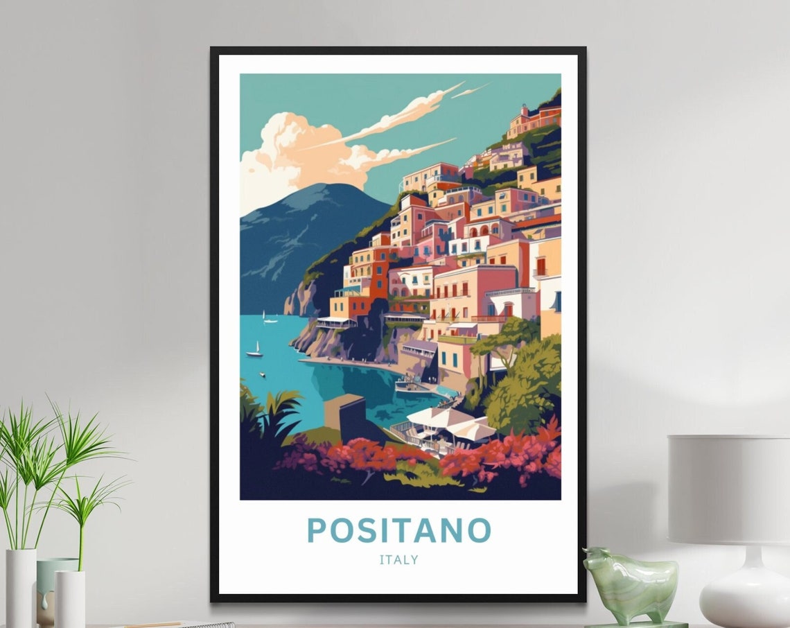 Positano Italy Pastel Cliffside Village Boats Beach Travel Poster