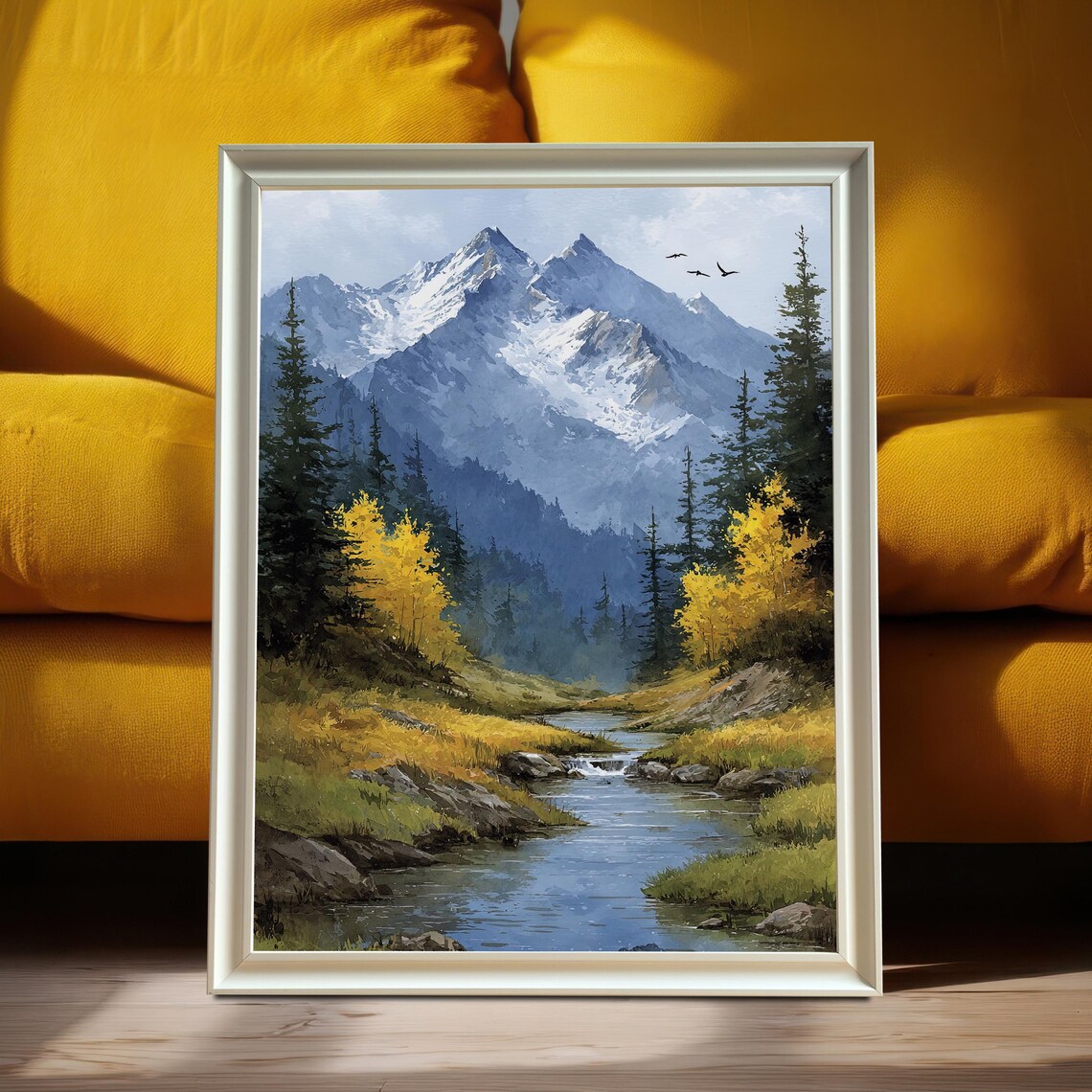 Mountain Snowy Peaks Stream Landscape Watercolor Art Print
