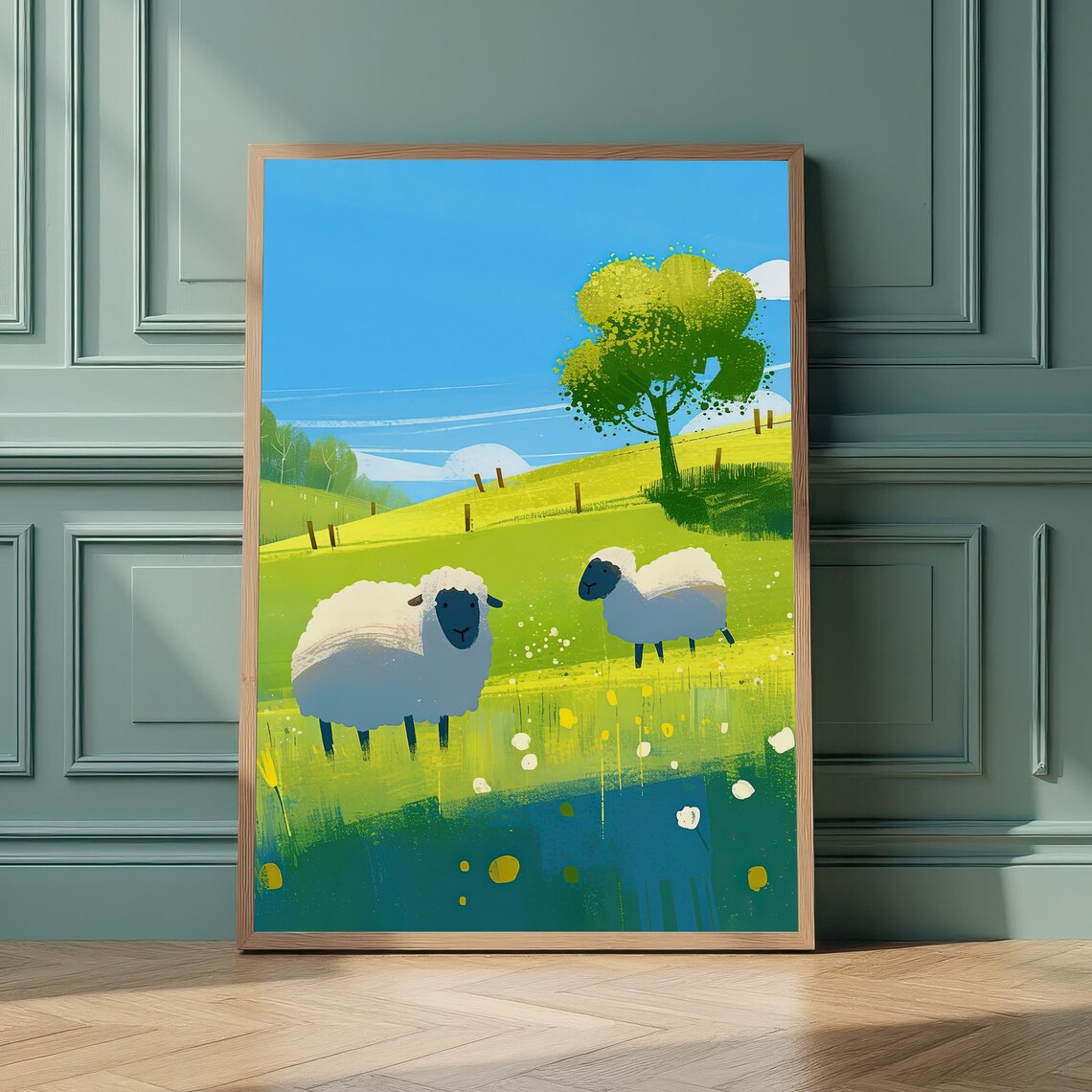 Tranquil Sheep Meadow Wall Art Green Landscape Farmhouse Print Serene Pasture Rustic Nursery Decor