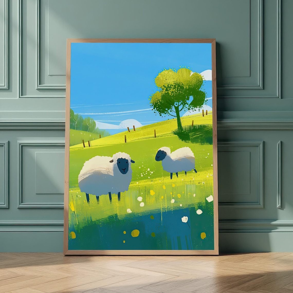 Two Sheep Grazing Sunny Green Meadow Farm Nursery Art Poster