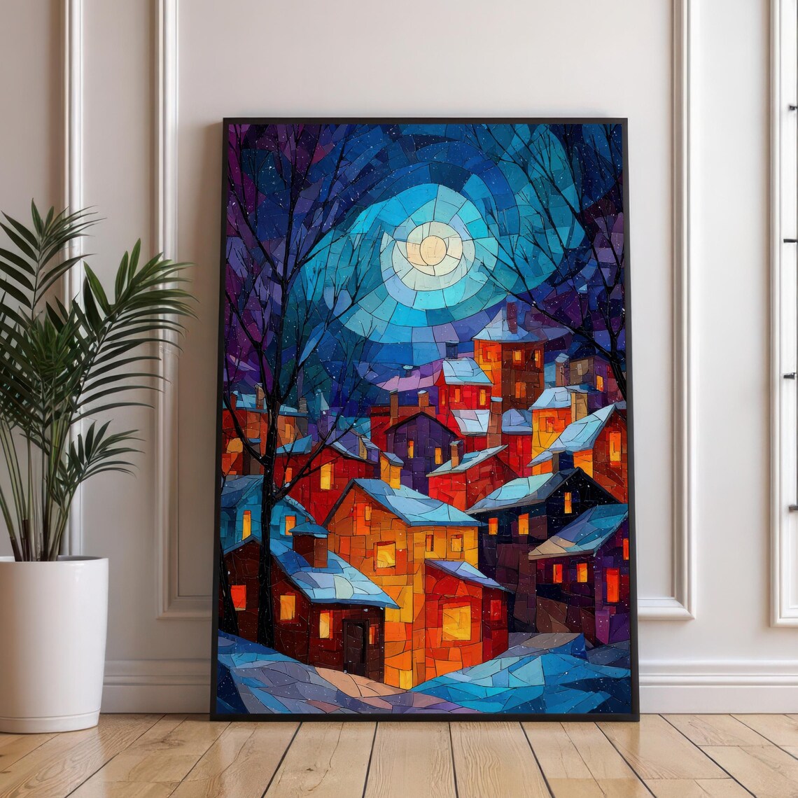 Moonlit Winter Village Stained Glass Snowy Night Scene Print