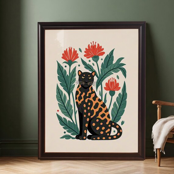 Jungle Leopard Floral Illustration Print Wood Framed Wall Animal Poster