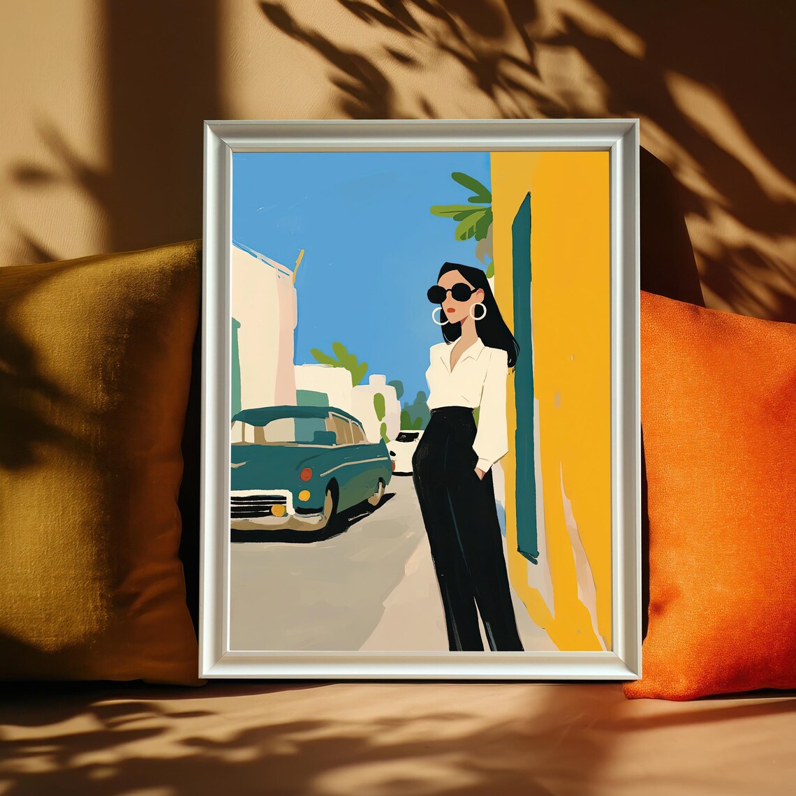 Stylish Woman City Scene Wood Framed Wall Art Retro Car And Yellow Building Poster Midcentury Modern Gicle Print Living Room Decor Gift