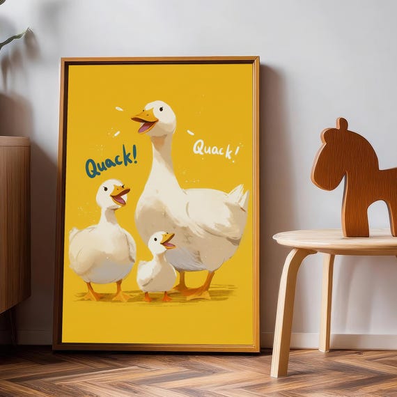 Happy Duck Family Wall Art Quack Fun Farmhouse Print Cute Nursery Kids Room Decor Playful Gift