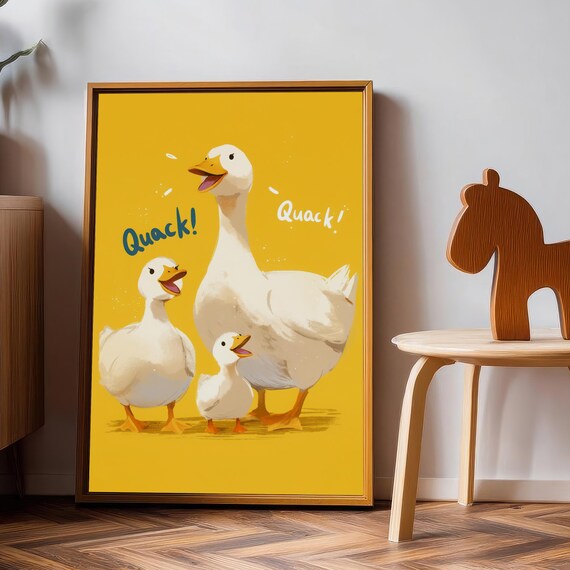 Three Quacking White Ducks on a Bright Yellow Nursery Poster