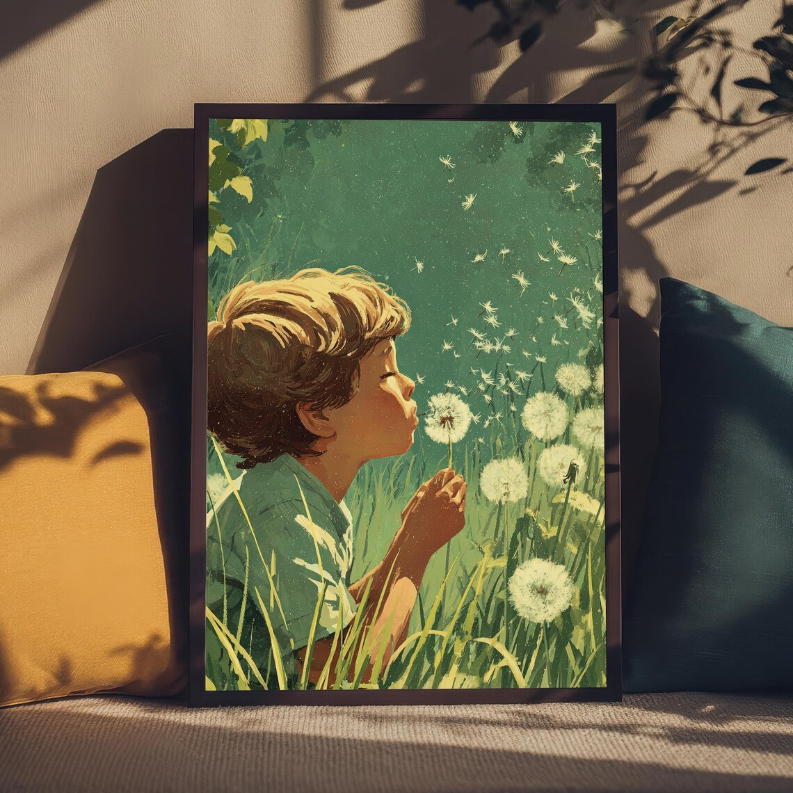 Boy Blowing Dandelion Seeds Sunlit Meadow Childhood Nature Art Poster