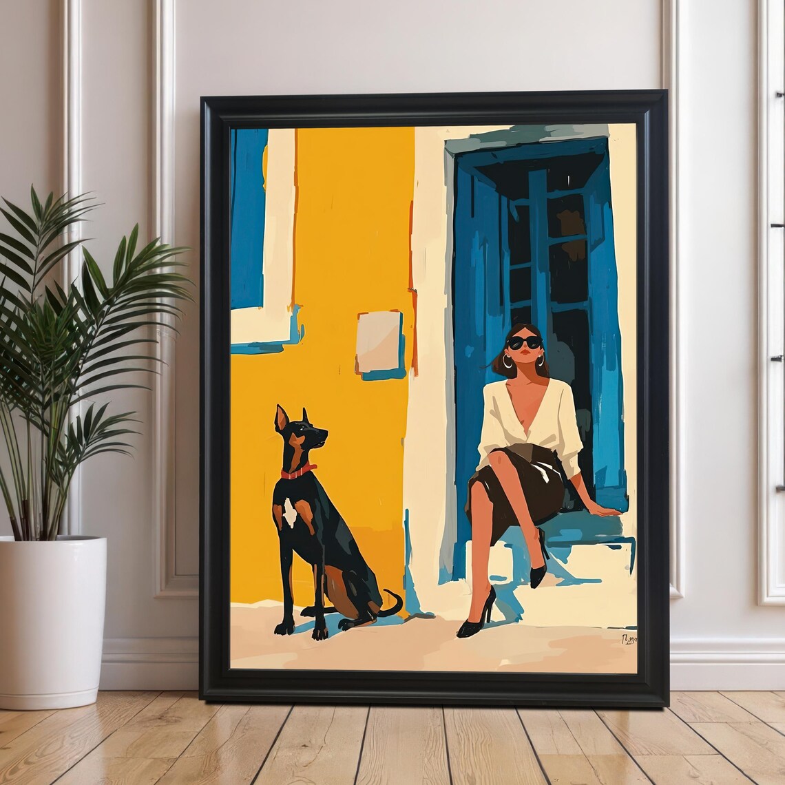 Stylish Woman And Doberman By Blue Door Yellow Wall Scene Poster