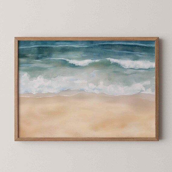 Soft Watercolor Ocean Waves Meeting Sandy Shore Beach Poster