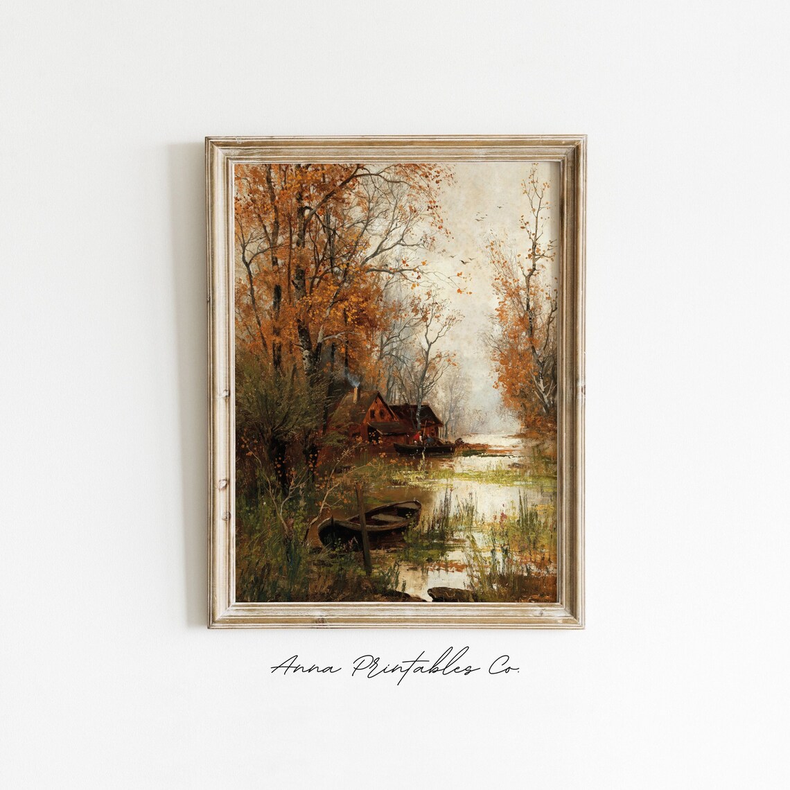 Autumn Cabin By The Water Antique Fall Landscape Painting Boats Poster - Image 2