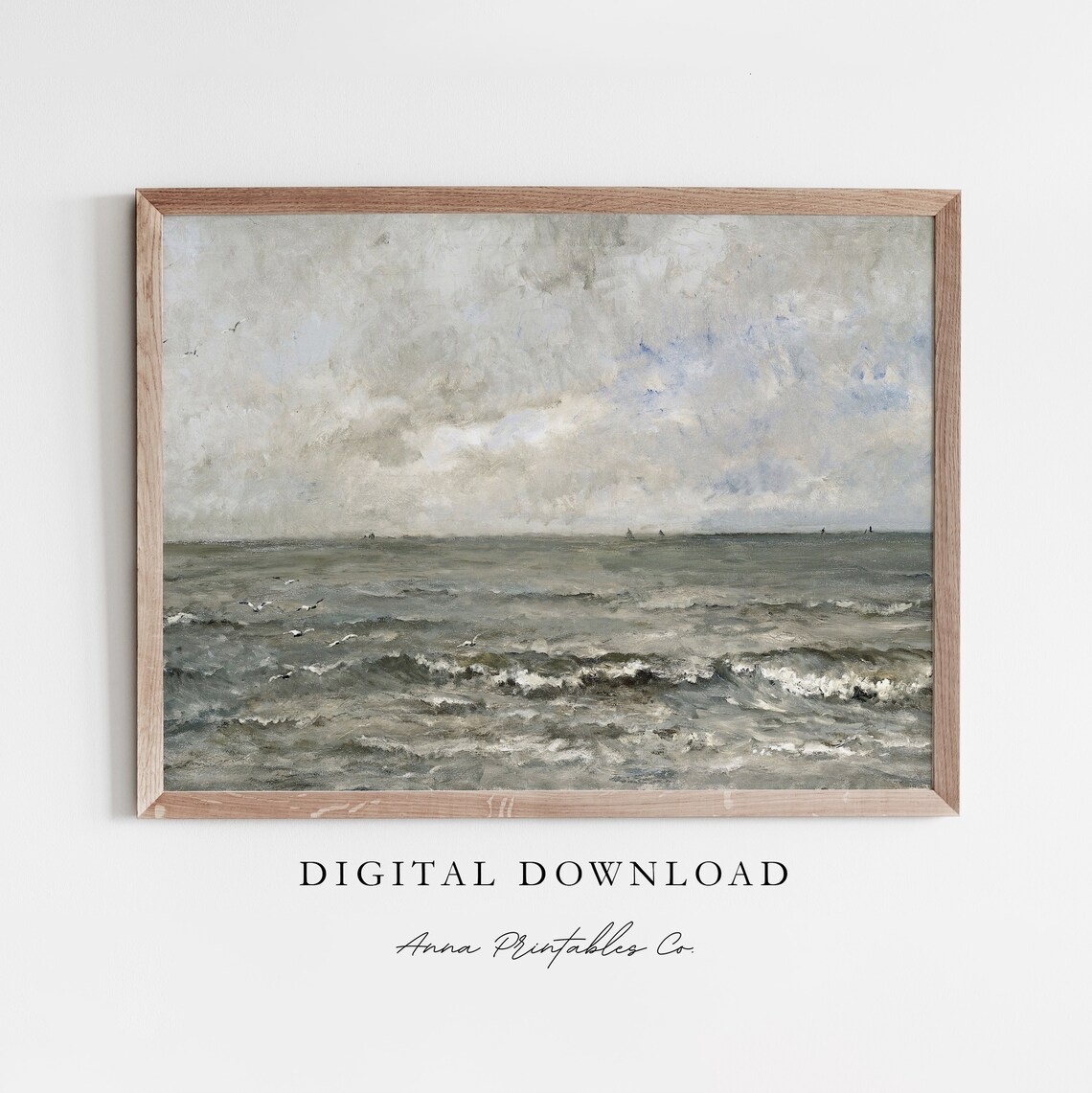Stormy Gray Seascape with Seagulls Moody Ocean Wave Painting Poster