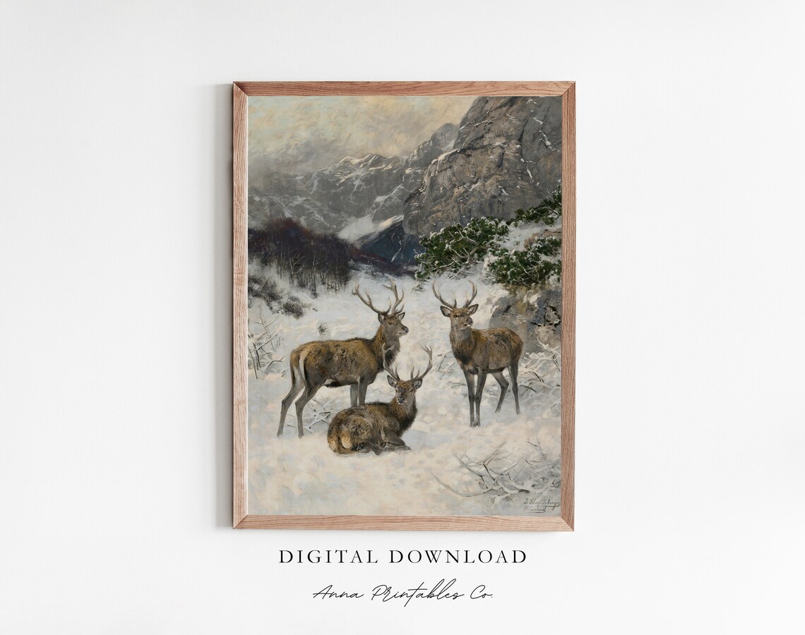 Antique Reindeer Christmas Art Print, Vintage Winter