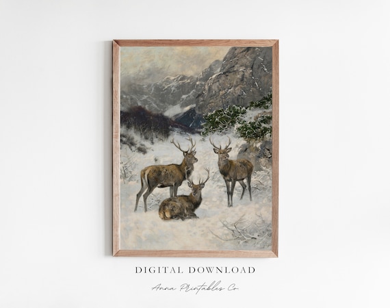 Antique Reindeer Christmas Art Print, Vintage Winter