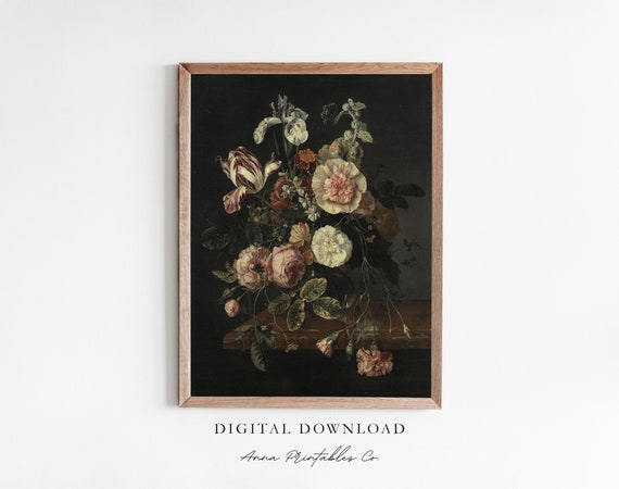 Still Life Ii Antique Flower Bouquet Painting For Vintage Moody Floral Wall Art Dark Academia Decor Print