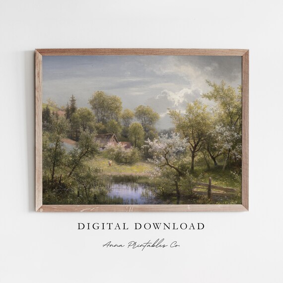 Antique Spring Cottage Landscape Vintage Blossom Trees Poster
