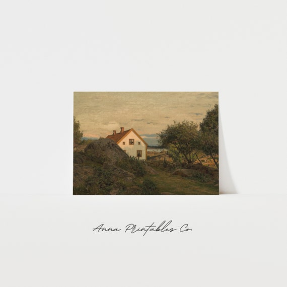 Vintage Farmhouse Home At Sunset Painting Antique Landscape Wall Art Cottage Home Decor Fine Art Print