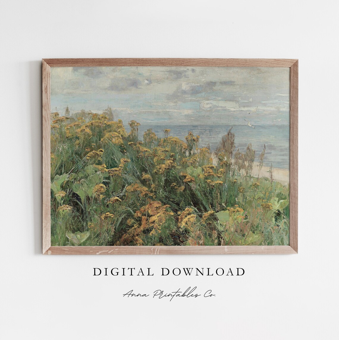 Flowers By The Ocean Antique Coastal Flower Field Painting Vintage Floral Wall Art Cottage Farmhouse Decor