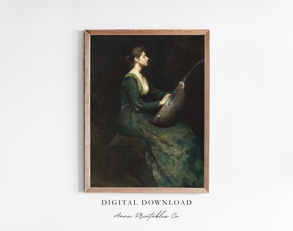 Elegant Woman Playing the Lute in a Dark Romantic Oil Painting Poster