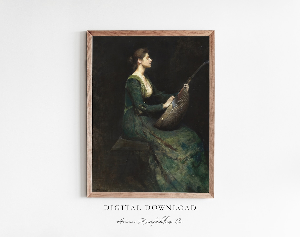 Elegant Woman Playing the Lute in a Dark Romantic Oil Painting Poster