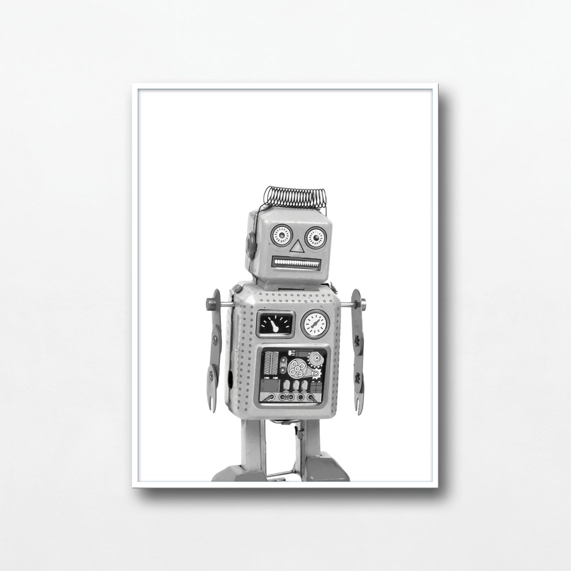 Small Silver Spring Head Robot Toy Black White Kids Room Poster - Image 3