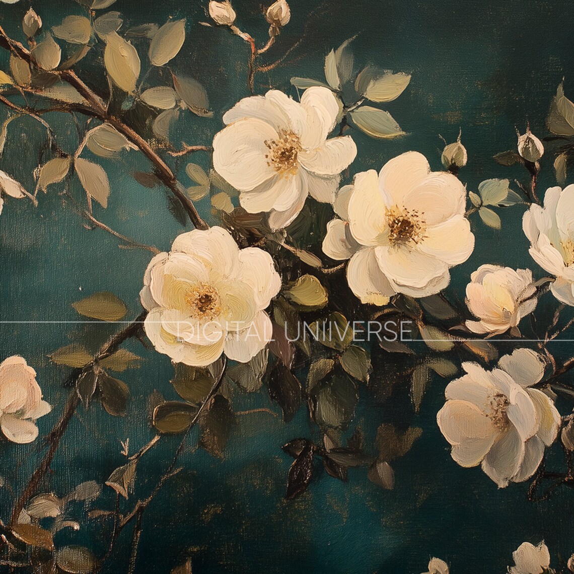 Vintage White Roses on Dark Green Moody Floral Oil Painting Wall Art - Image 4