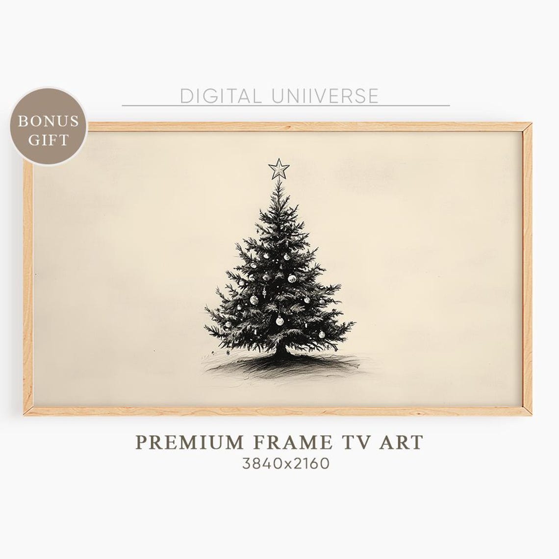 Minimalist Black Christmas Tree Sketch Cream Background Wall Art