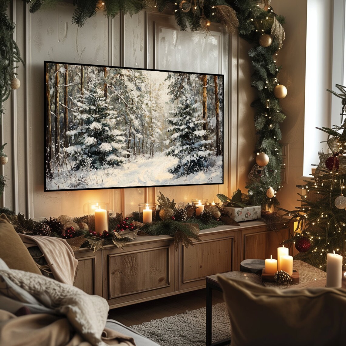 Snowy Forest Path Winter Oil Painting Woodland Trail Wall Art - Image 5