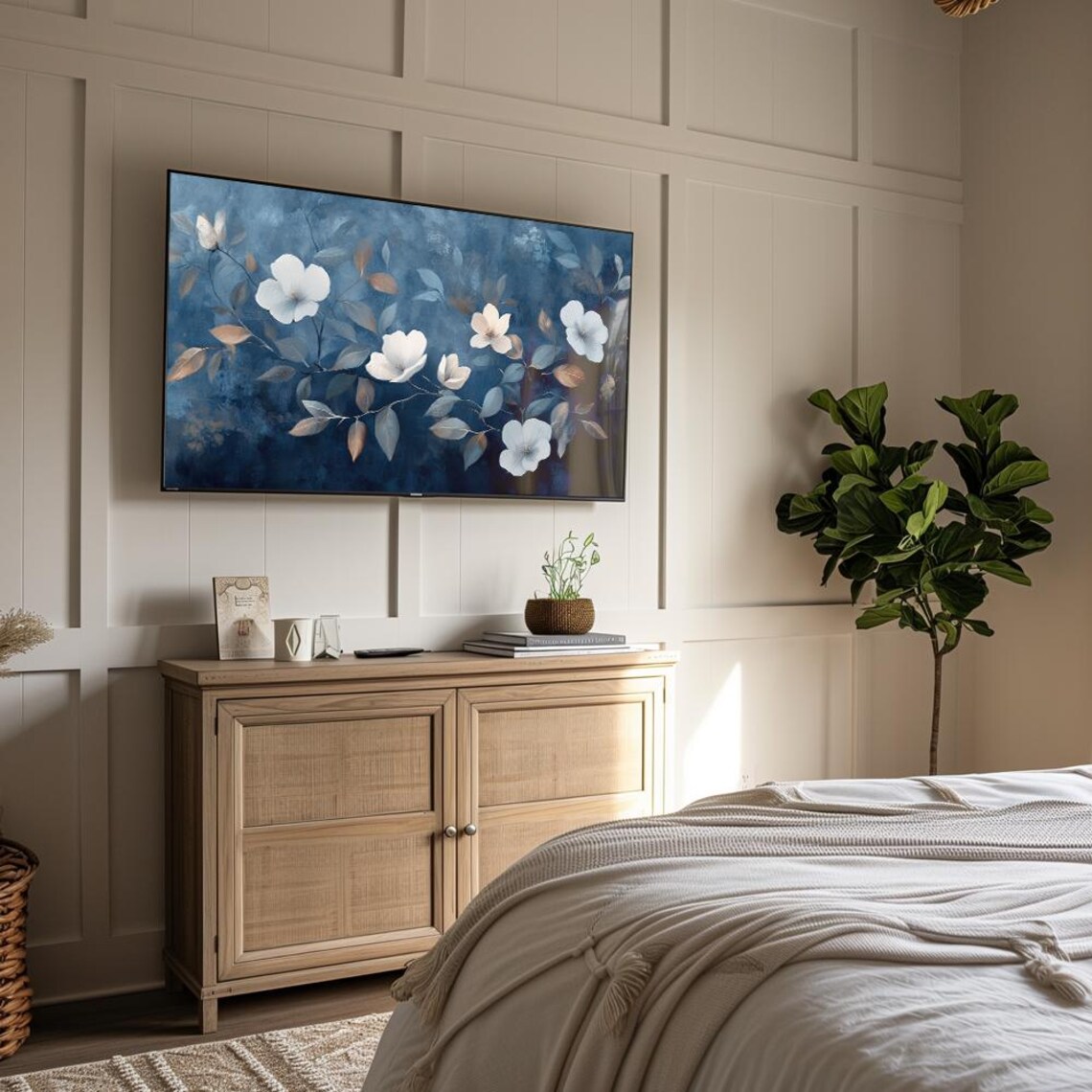 White Flowers on Deep Navy Blue Moody Floral Painting Wall Art - Image 4