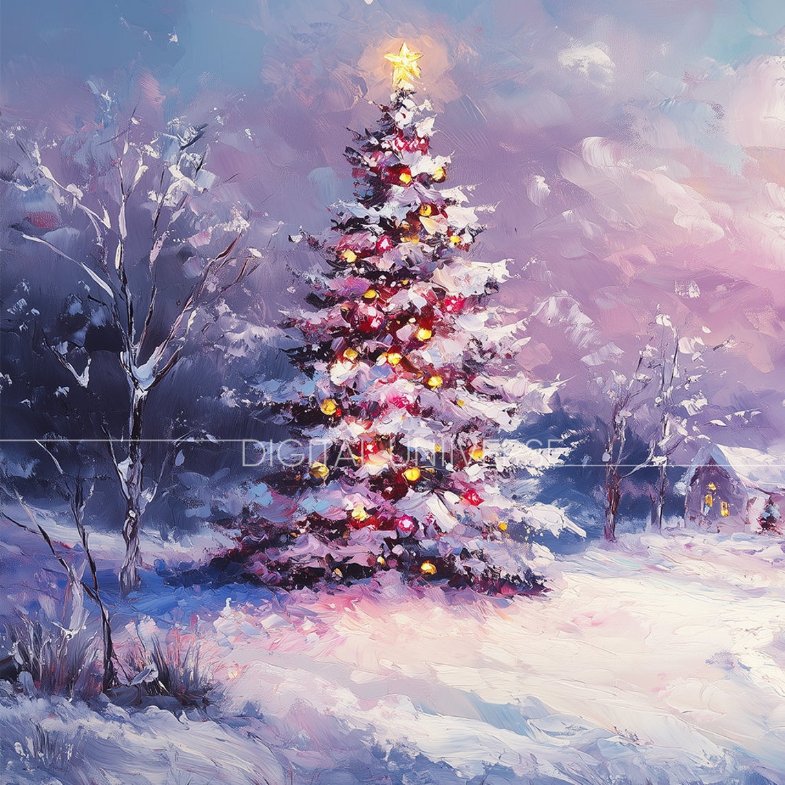 Decorated Christmas Tree in Snowy Village Purple Twilight Poster - Image 4