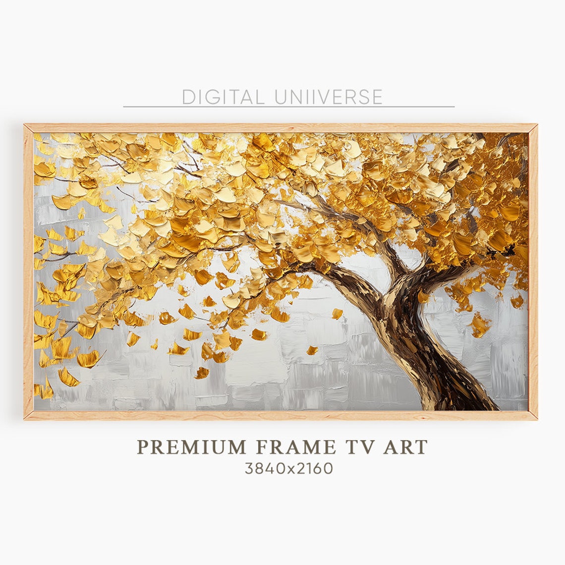 Twisted Golden Tree with Falling Amber Leaves Fall Decor Wall Art