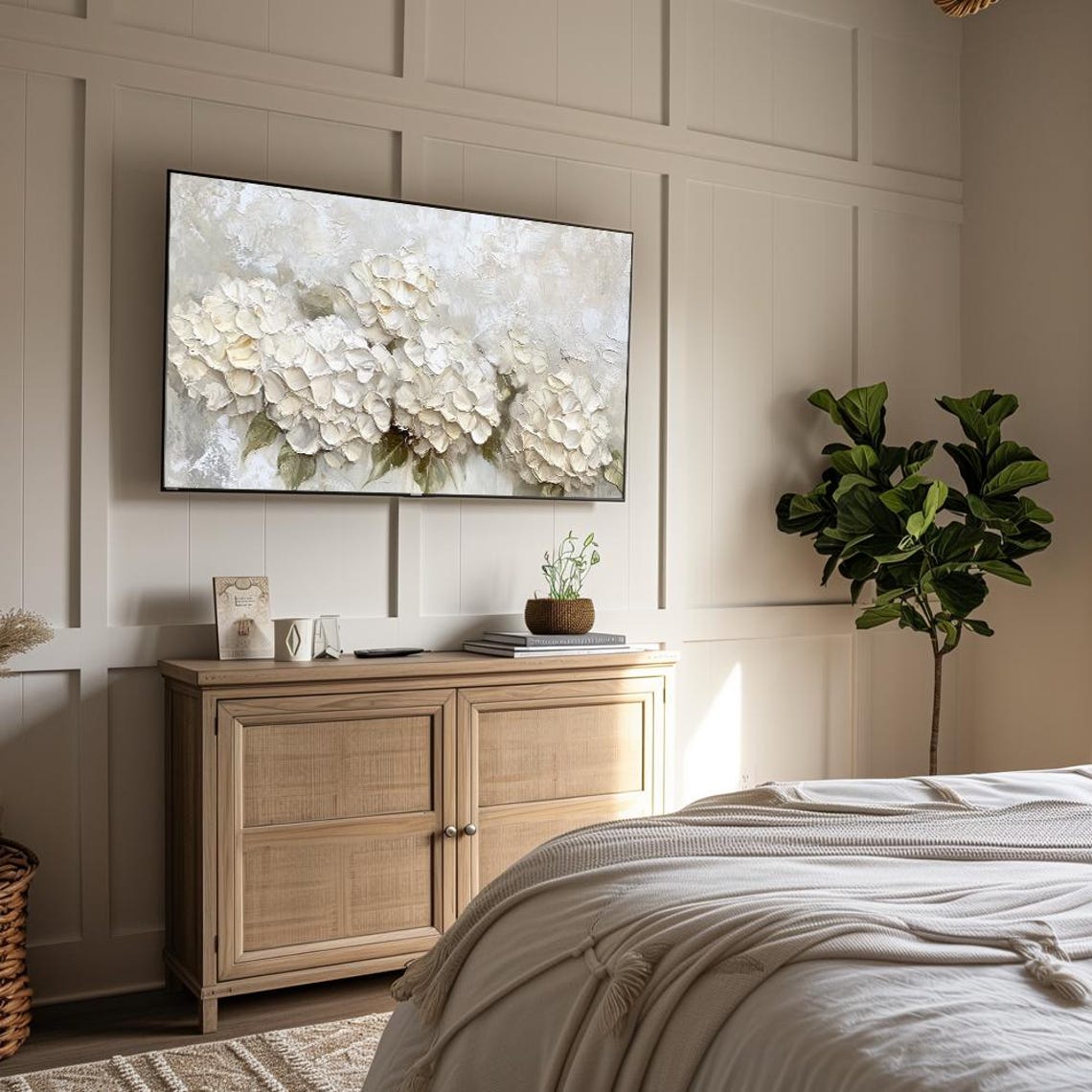 White Hydrangea Clusters Neutral Impasto Floral Art Wall Art - Image 4