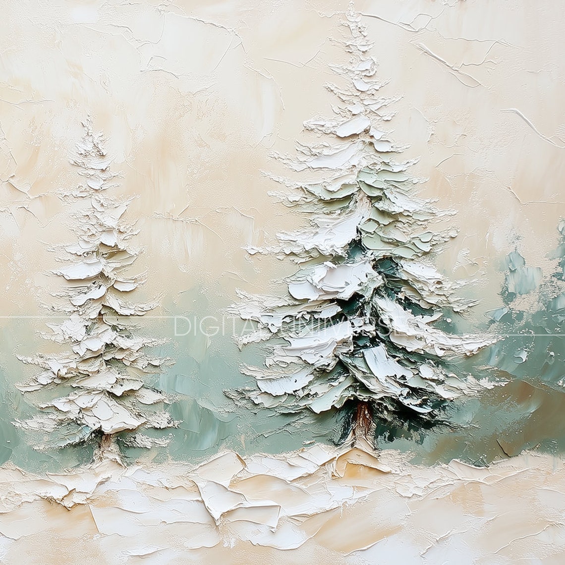 Snow Covered Pines Textured Impasto Winter Evergreen Trees Wall Art - Image 3