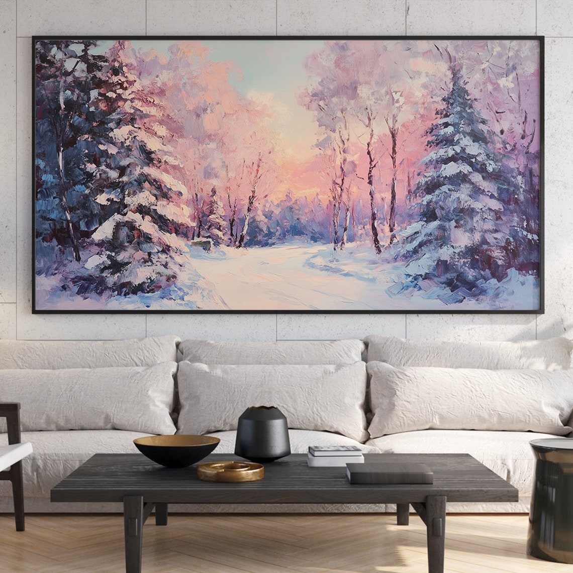Snowy Pine Forest Path Pink Sunset Glowing Winter Landscape Poster - Image 6