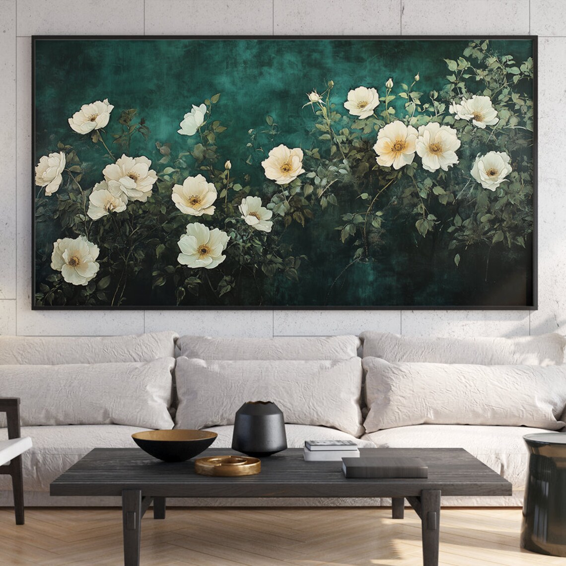 White Wild Roses on Dark Teal Moody Botanical Oil Painting Wall Art - Image 7