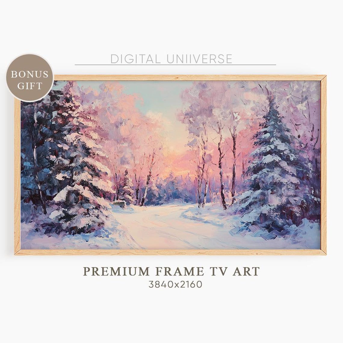 Snowy Pine Forest Path Pink Sunset Glowing Winter Landscape Poster
