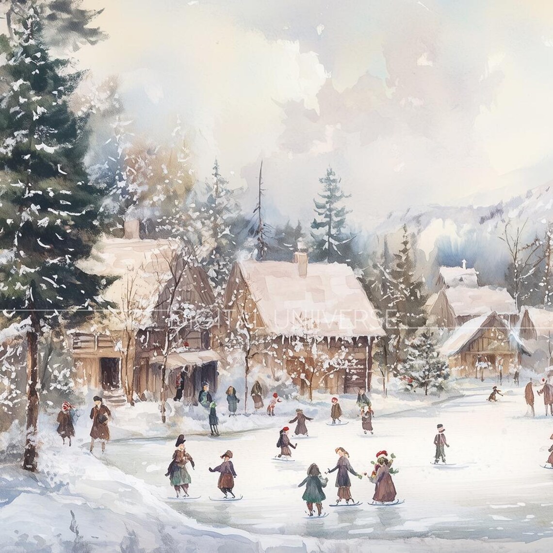 Watercolor Winter Village Ice Skating Scene Christmas Wall Art - Image 4