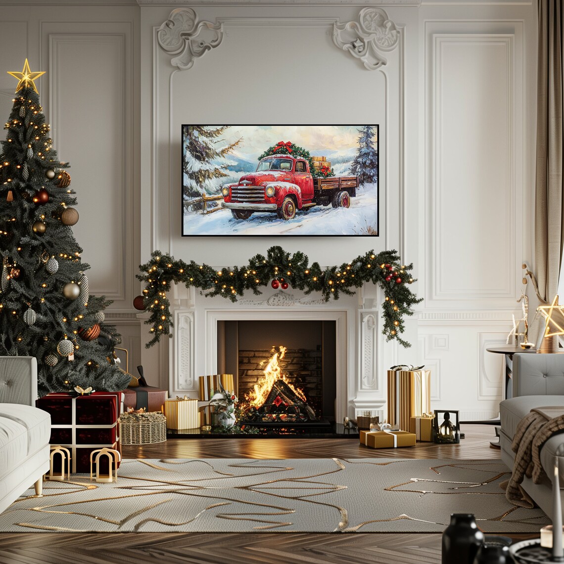 Vintage Red Pickup Truck Christmas Tree Snowy Holiday Painting Poster - Image 5