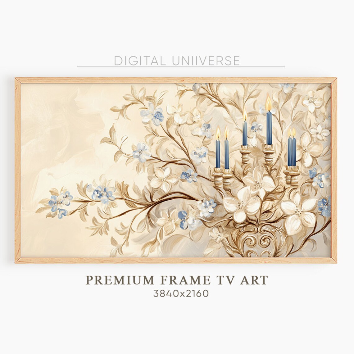 Golden Menorah with Blue Candles Among Blooms Hanukkah Floral Poster