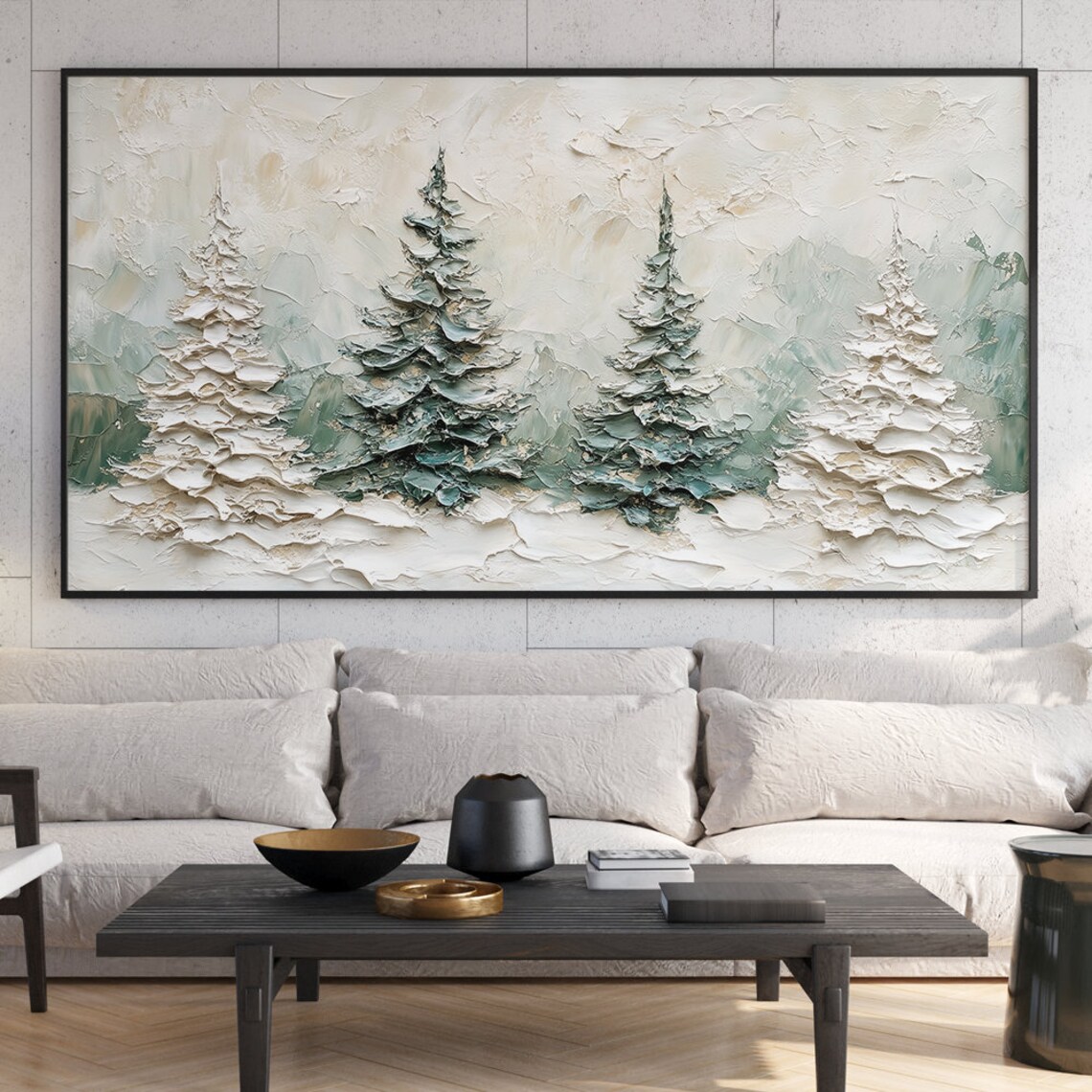 Textured Impasto Snowy Pine Trees Winter Painting Scenic Wall Art - Image 6