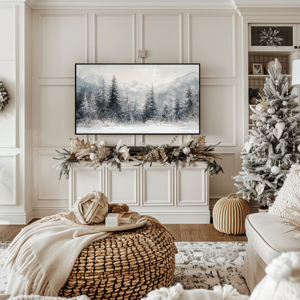 Moody Gray Winter Forest with Snowy Peaks Rustic Landscape Wall Art - Image 7