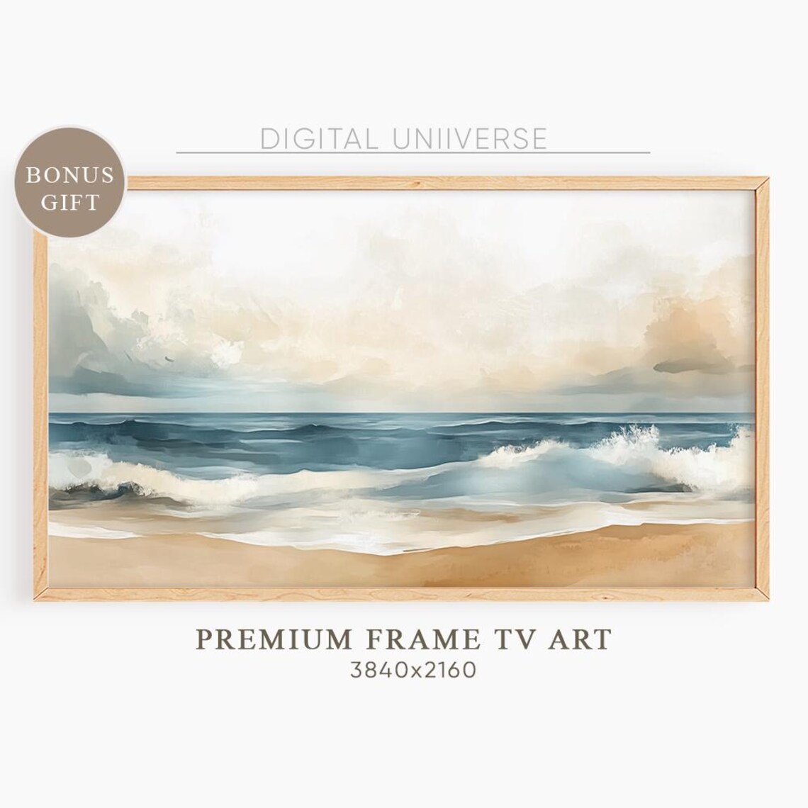 Beach Waves Under Cloudy Sky Watercolor Coastal Scene Wall Art