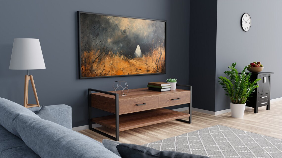Lone White Ghost Misty Orange Path Dark Spooky Landscape Painting Poster - Image 5