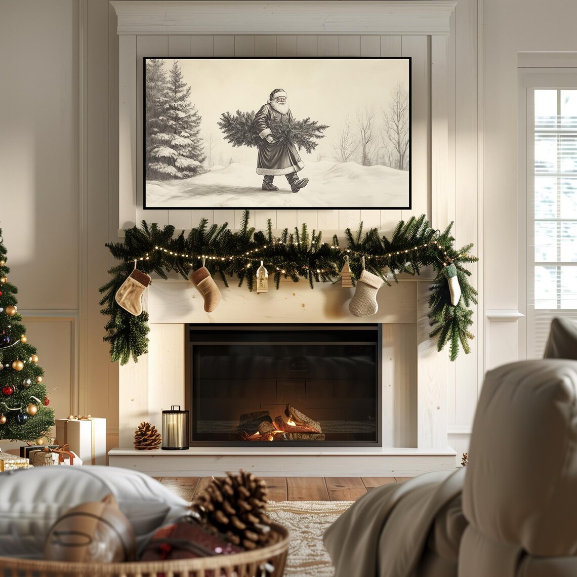Vintage Sepia Santa Carrying Christmas Tree Through Snow Poster - Image 7