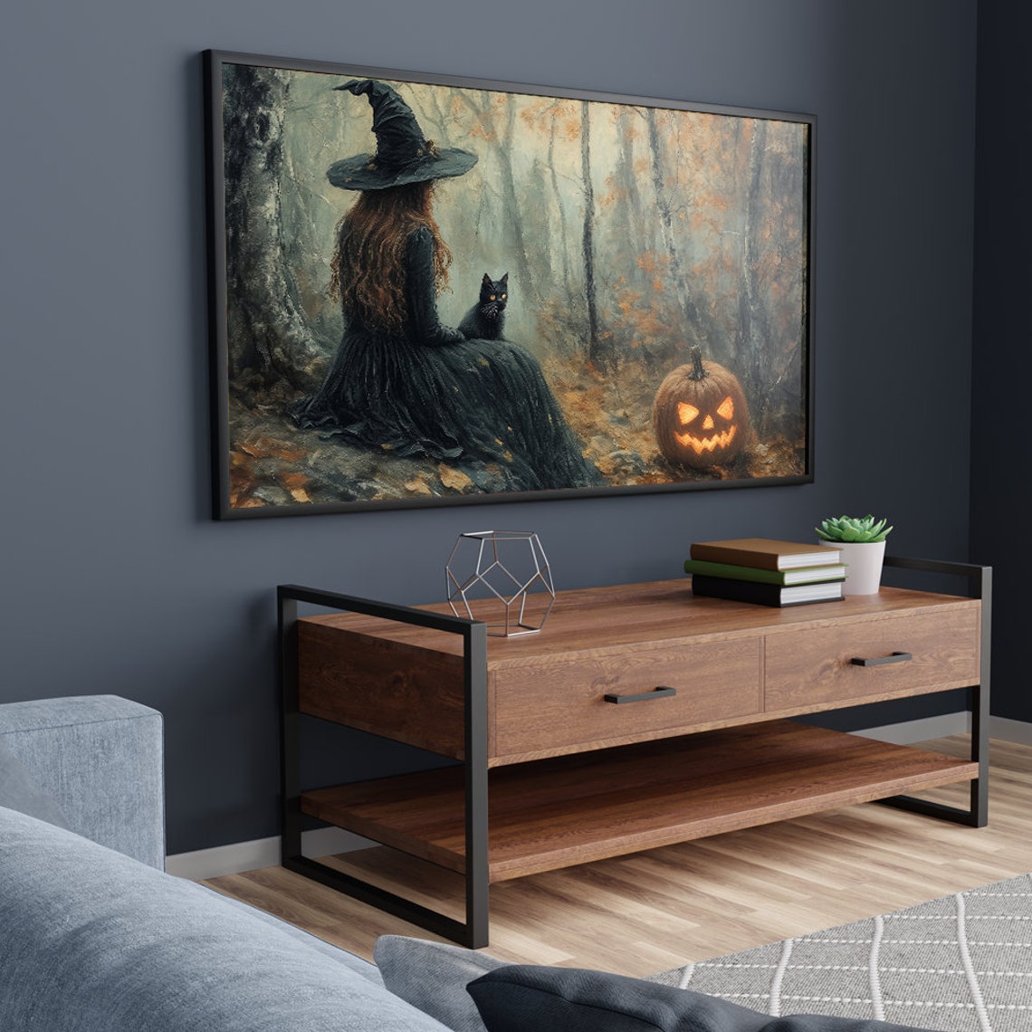 Witch with Black Cat and Jack O Lantern Forest Halloween Poster - Image 5