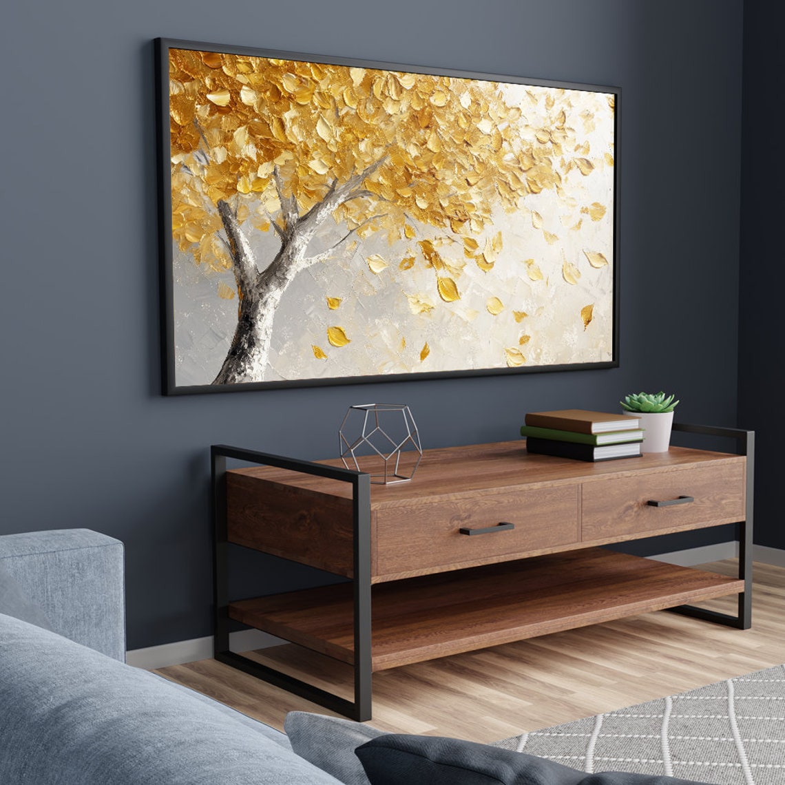 Golden Autumn Tree with Falling Leaves Impasto Oil Painting Wall Art - Image 5